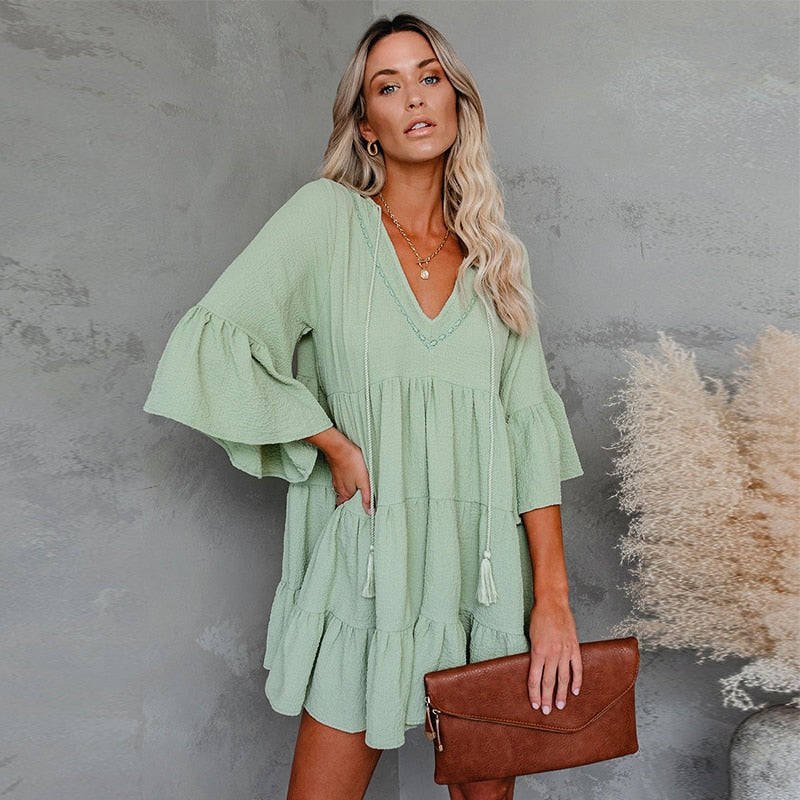 2023 Pregnant Woman Summer Clothes Sweet Short Flare Sleeve V-neck High Waist Maternity Chiffon Dress