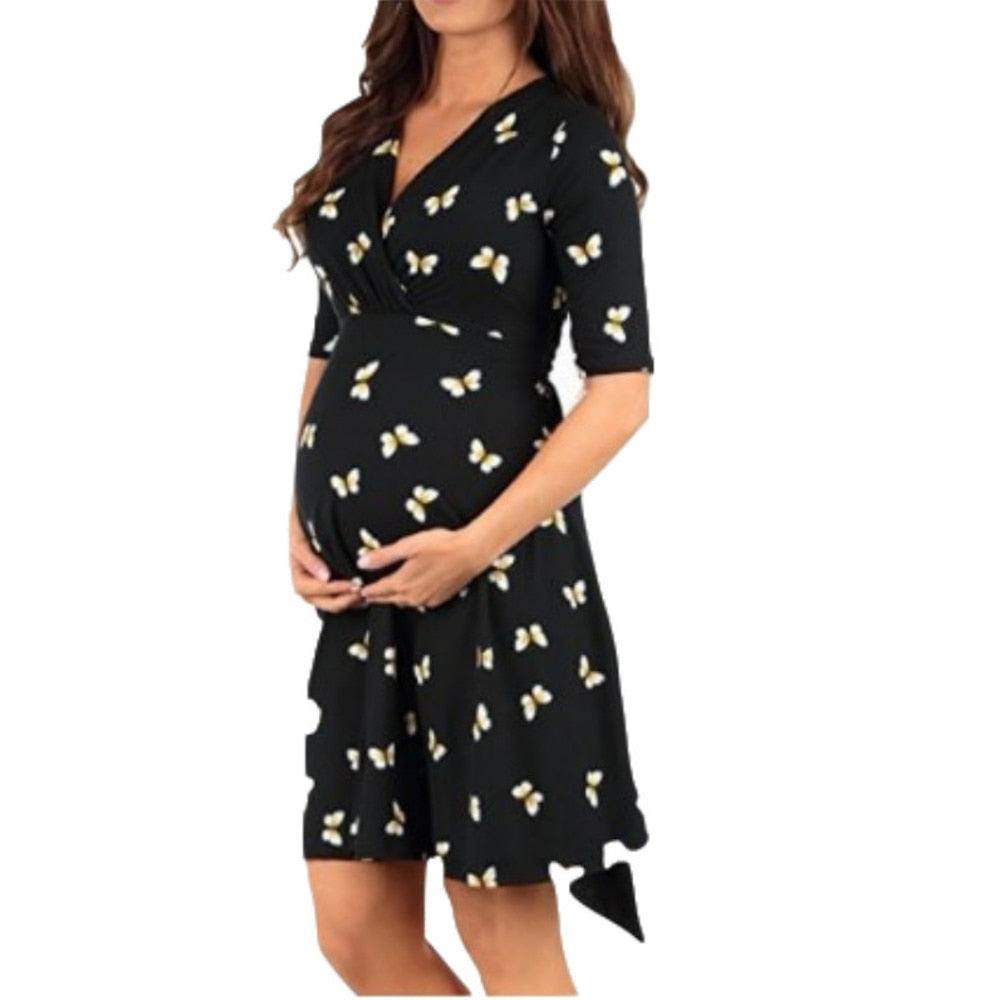 Women High-Low Surplice Wrap With Waist Belt Maternity Dress Adjustable V Neck Nursing Dress Breastfeeding Pregnant Clothes