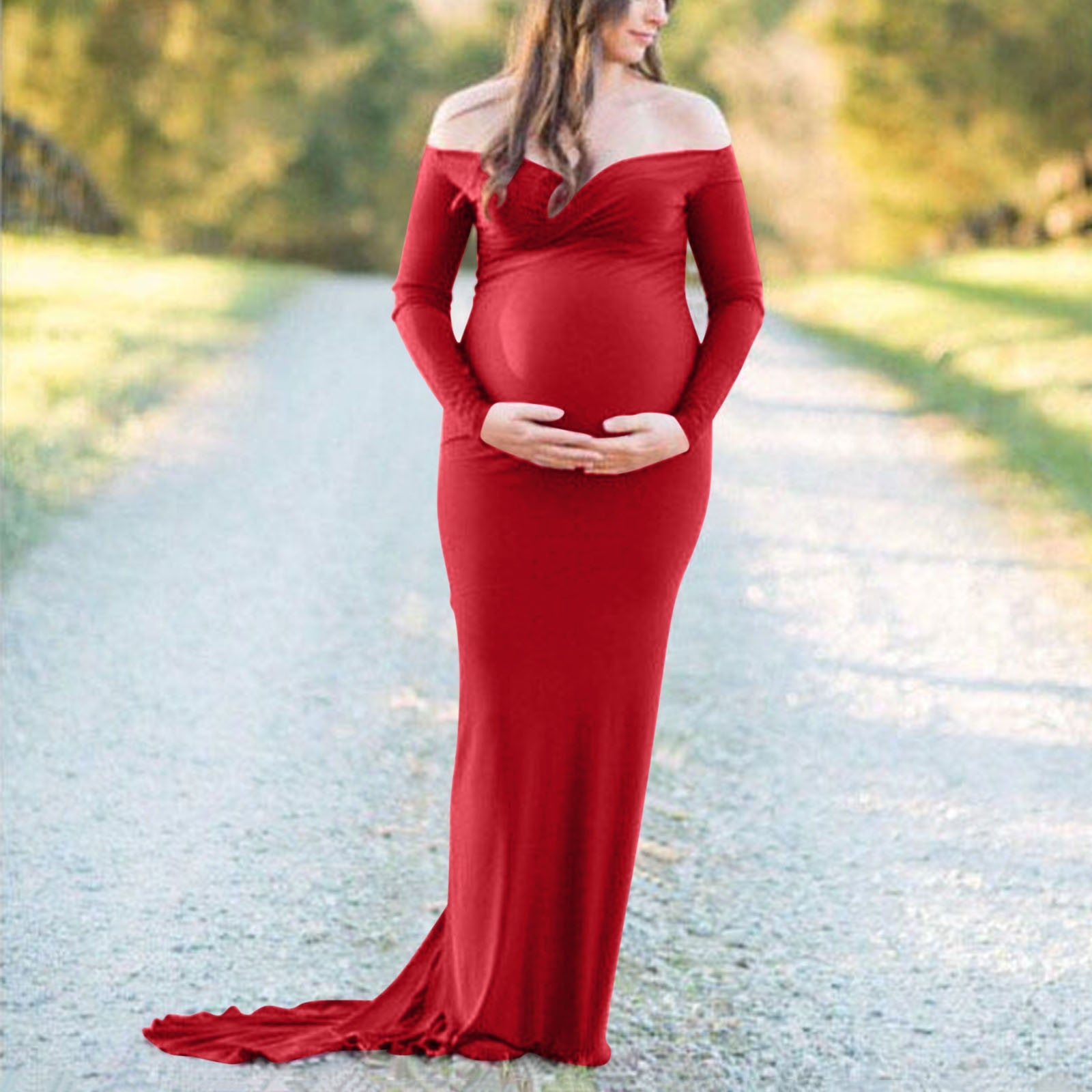 Maternity Dress for Photo Shoot, Women Long Sleeve Solid Off Shoulder Dress