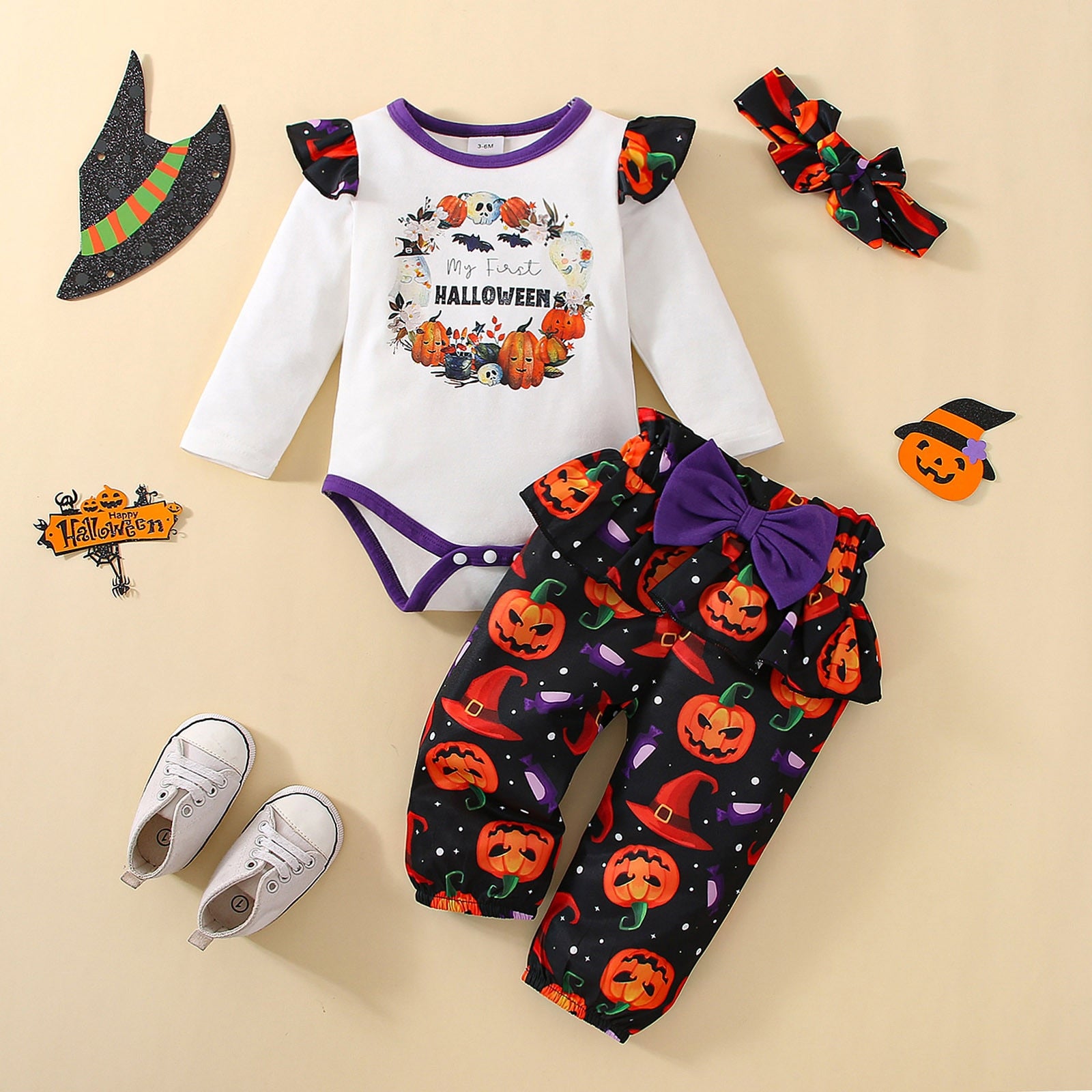 Newborn Infant Girls Halloween Clothes Fall/Winter Long Sleeve Romper, Pants, Headband outfit