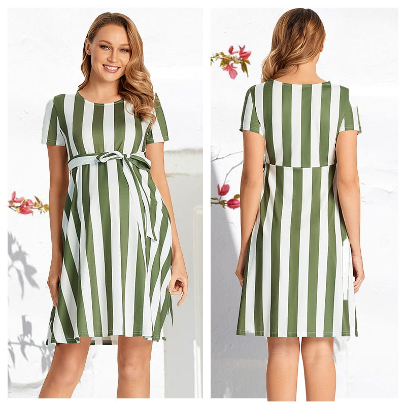 2023 Women Elegant Maternity Dress ,Short Sleeve Tie  Striped Pregnancy Casual Midi Flowy Loose Belt Dress with Pockets