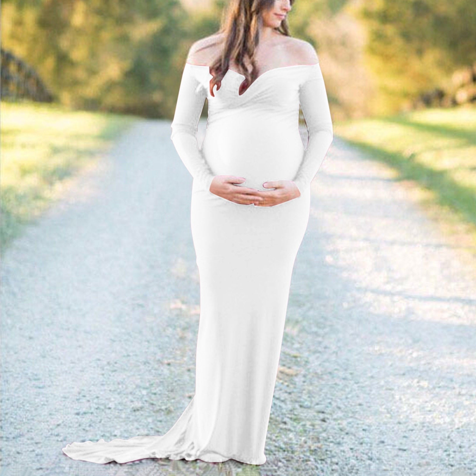 Maternity Dress for Photo Shoot, Women Long Sleeve Solid Off Shoulder Dress