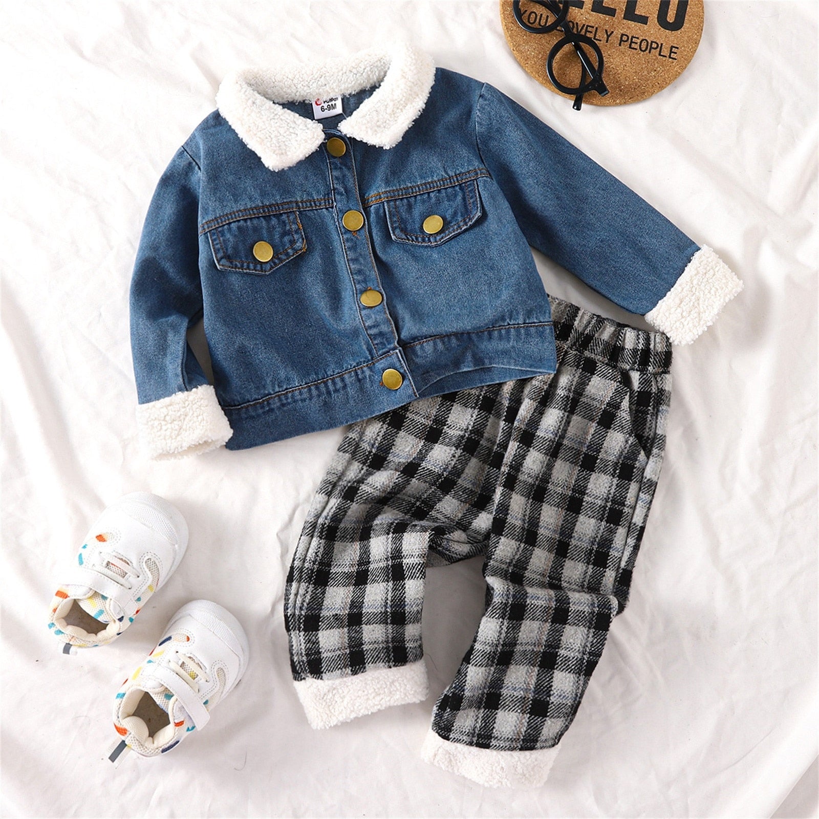 Infant Sweater set for Boys Shirt Jacket Plaid Patchwork Long Sleeve with Pant