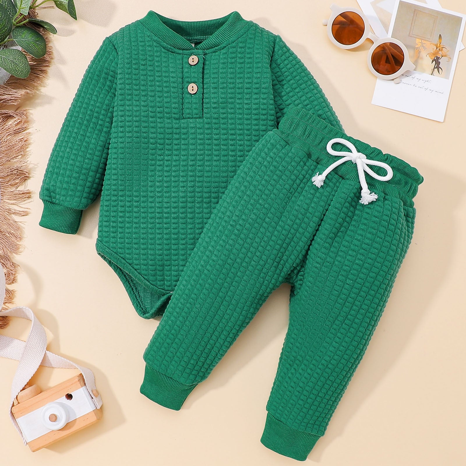 Infant Girls Boys Winter Long Sleeve Solid Thickened Warm Romper 2PCS outfit