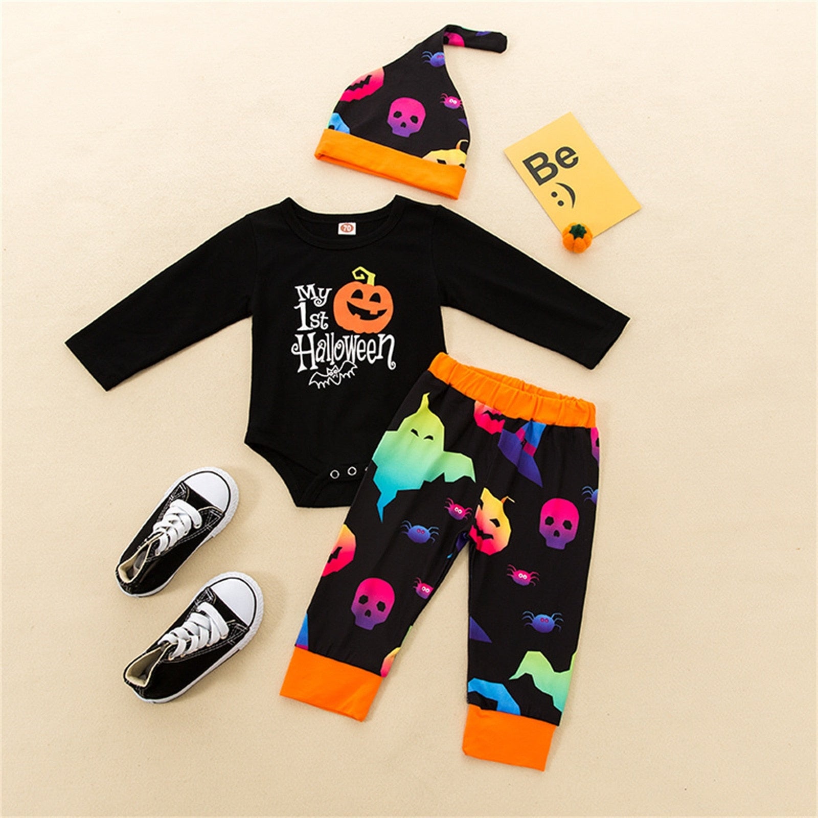 Newborn Infant Unisex Halloween Pumpkin Outfits Long Sleeve Romper Tops, Long Pants, Hats outfit