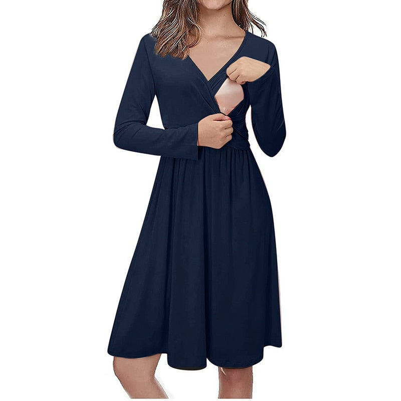 Women Maternity Long Sleeve Solid Nursing Sleepwear Dress For Breastfeeding Winter Dress Pregnant Nursing Maternity Tops