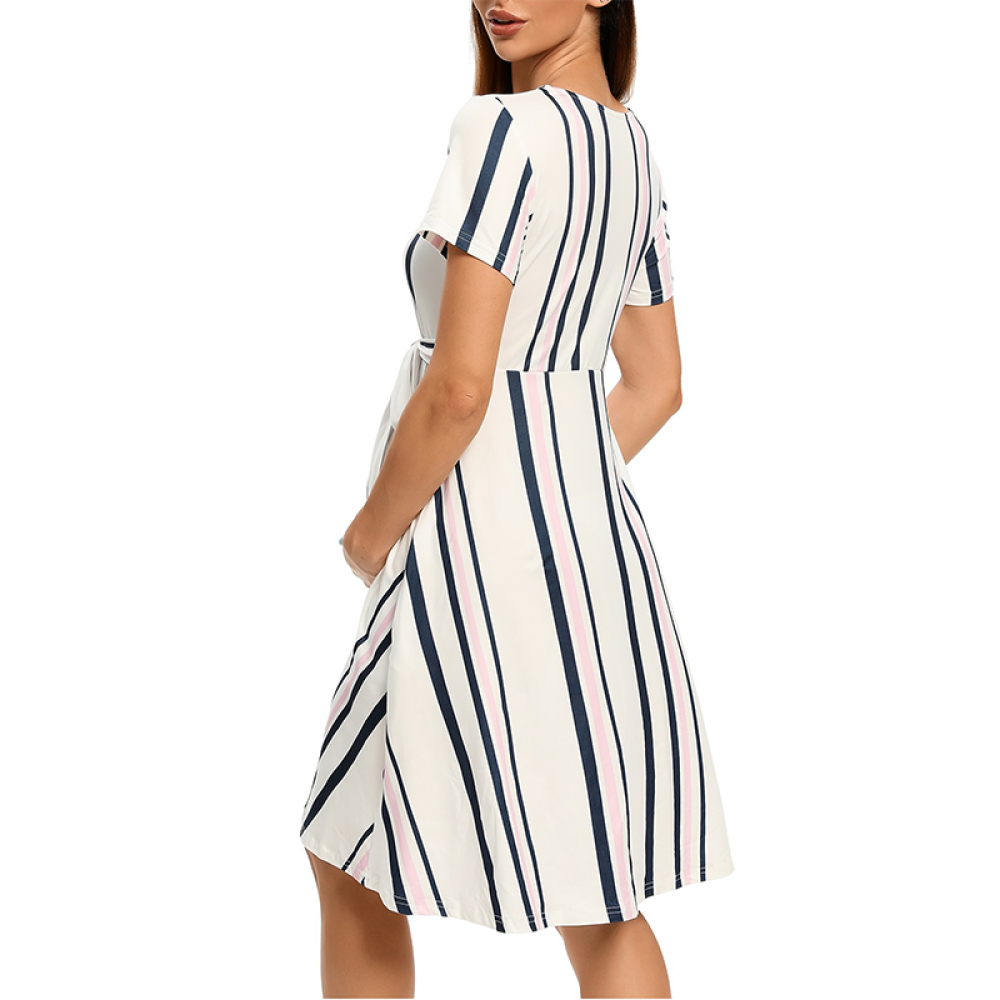 2023 Women Elegant Maternity Dress ,Short Sleeve Tie  Striped Pregnancy Casual Midi Flowy Loose Belt Dress with Pockets