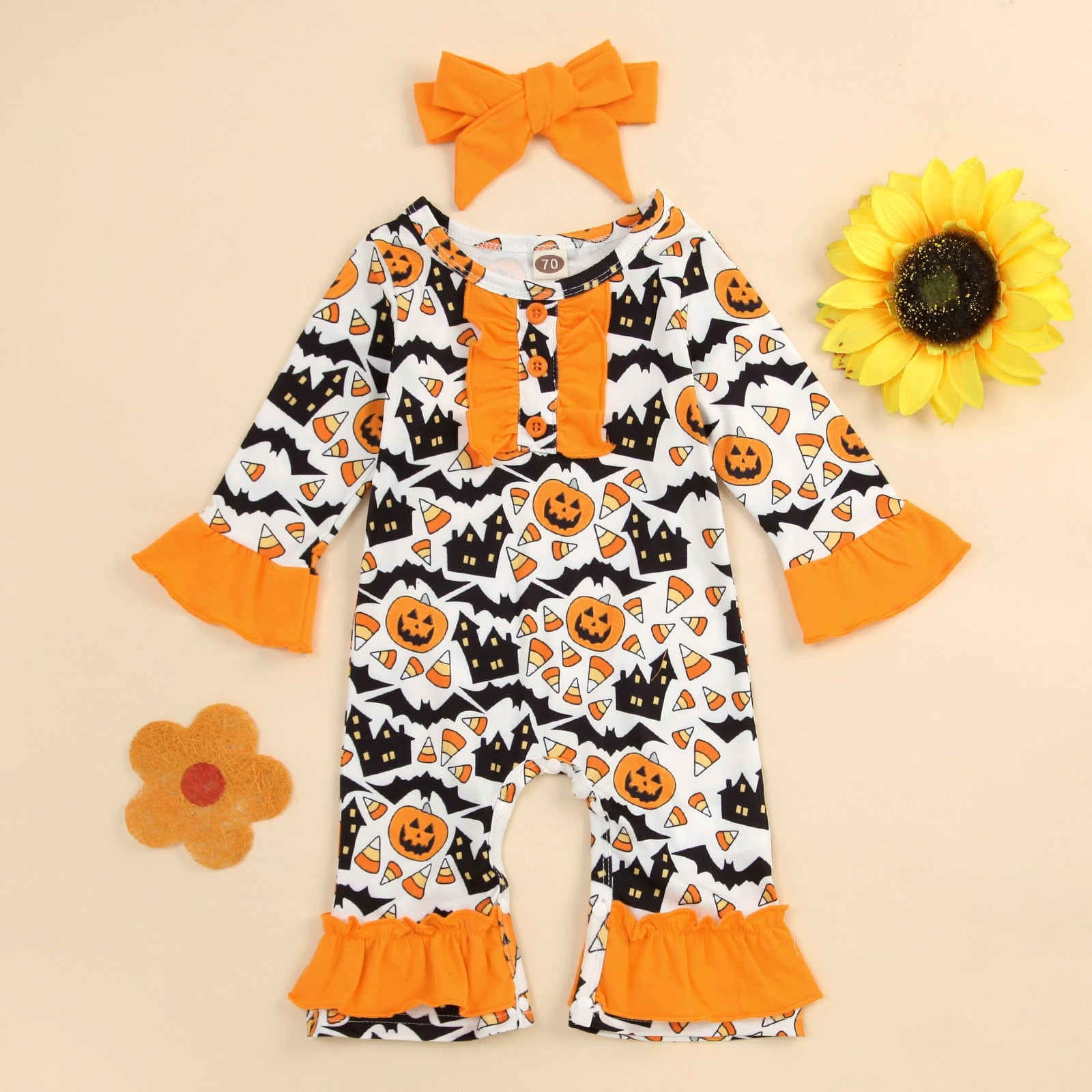 0-2 Years Newborn Infant Baby Girls Halloween Romper Pumpkin Print Outfits