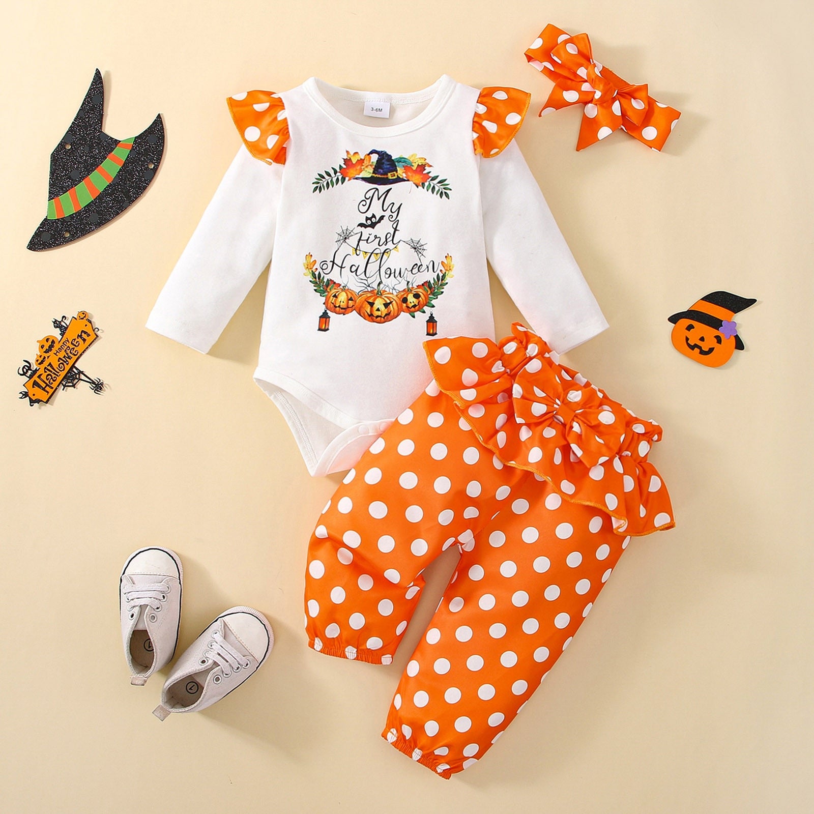 Newborn Infant Girls Halloween Clothes Fall/Winter Long Sleeve Romper, Pants, Headband outfit